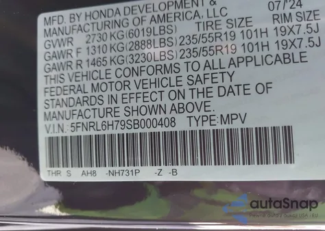 2025 Honda Odyssey Sport-L from USA, damaged, VIN 5FNRL6H79SB000408